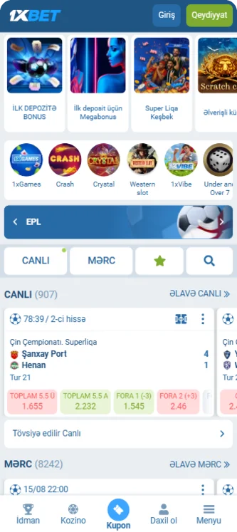 1xBet tətbiqinin ana səhifəsi